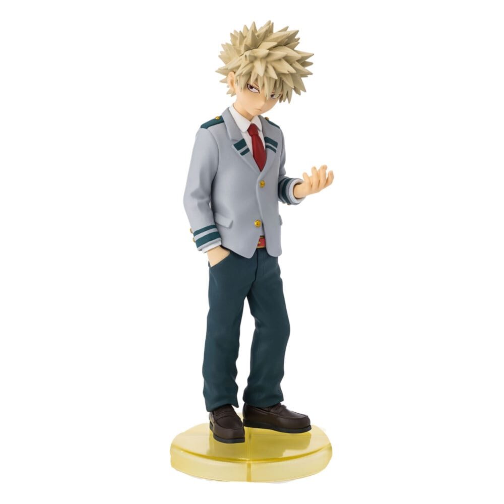 ADOKENATTE KATSUKI BAKUGO MY HERO ACADEMIA ESTATUA. figura oficial de PVC de Katsuki Bakugo lo muestra con su uniforme escolar en un formato compacto de 14 cm.