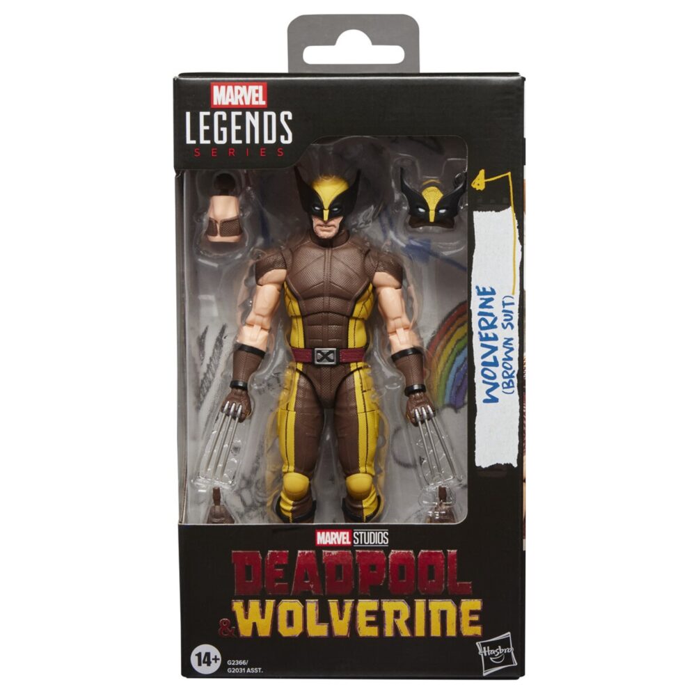 WOLVERINE BROWN SUIT DEADPOOL & WOLVERINE MARVEL LEGENDS SERIES. figura Marvel coleccionable tiene una escala de 15 cm