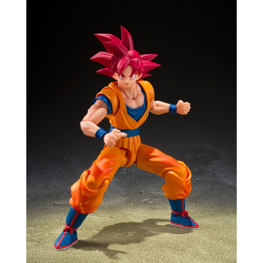 SUPER SAIYAN GOD SON GOKU GOD AURA DRAGON BALL SUPER S.H. FIGUARTS. La figura oficial mide unos 15 cm de altura y forma parte de la línea S.H.Figuarts de Tamashii Nations
