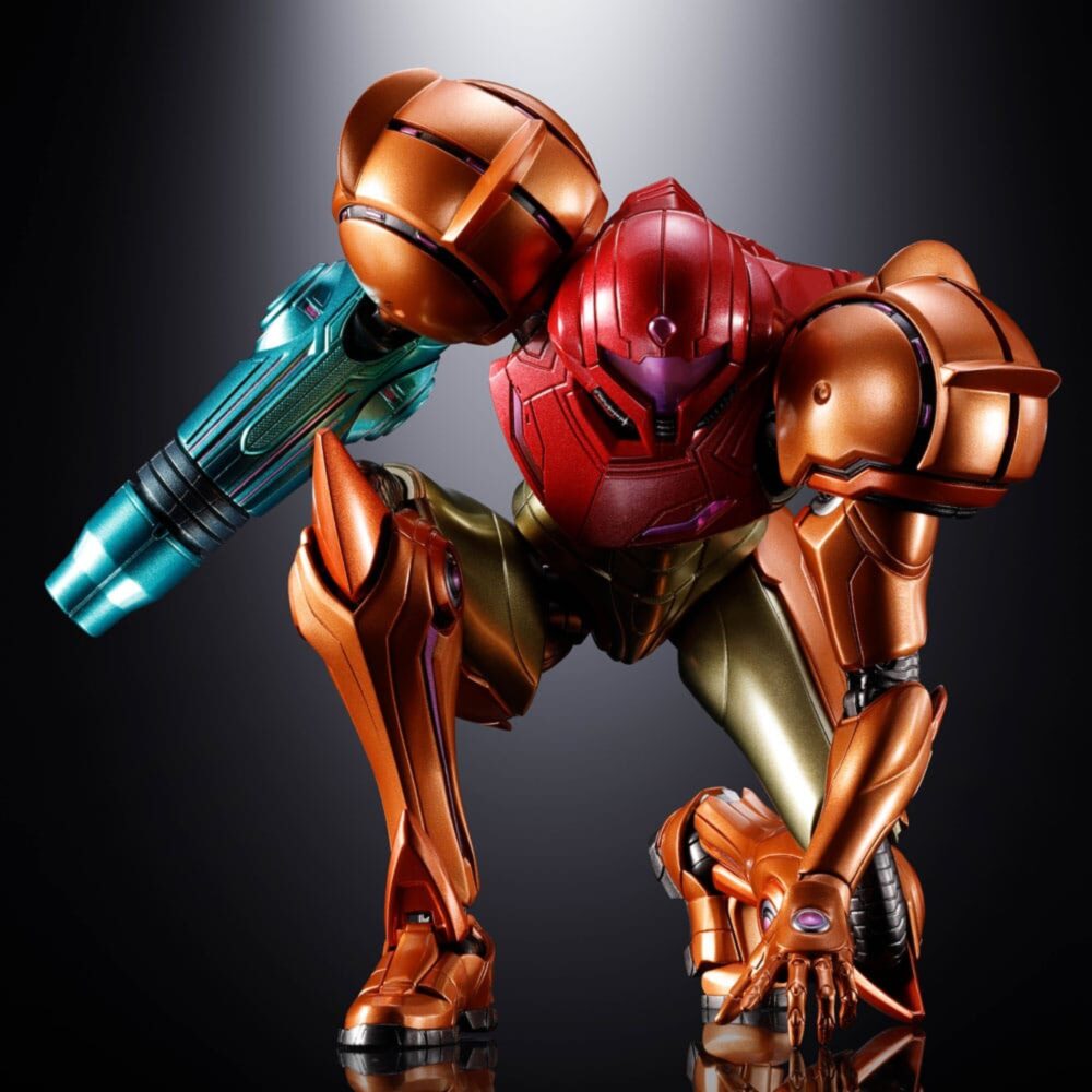 SAMUS ARAN PRIME METROID PRIME 4 BEYOND CHOGOKIN. una pieza oficial de metal de unos 21 cm de altura, con iluminación LED incorporada.