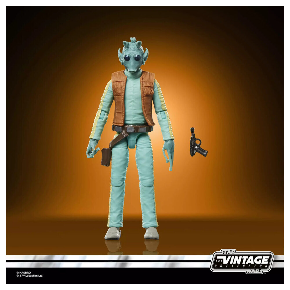 GREEDO VINTAGE COLLECTION STAR WARS A NEW HOPE. Con una altura de 9,5 cm, esta figura destaca por su diseño premium y detalles precisos que capturan al célebre rodiano.