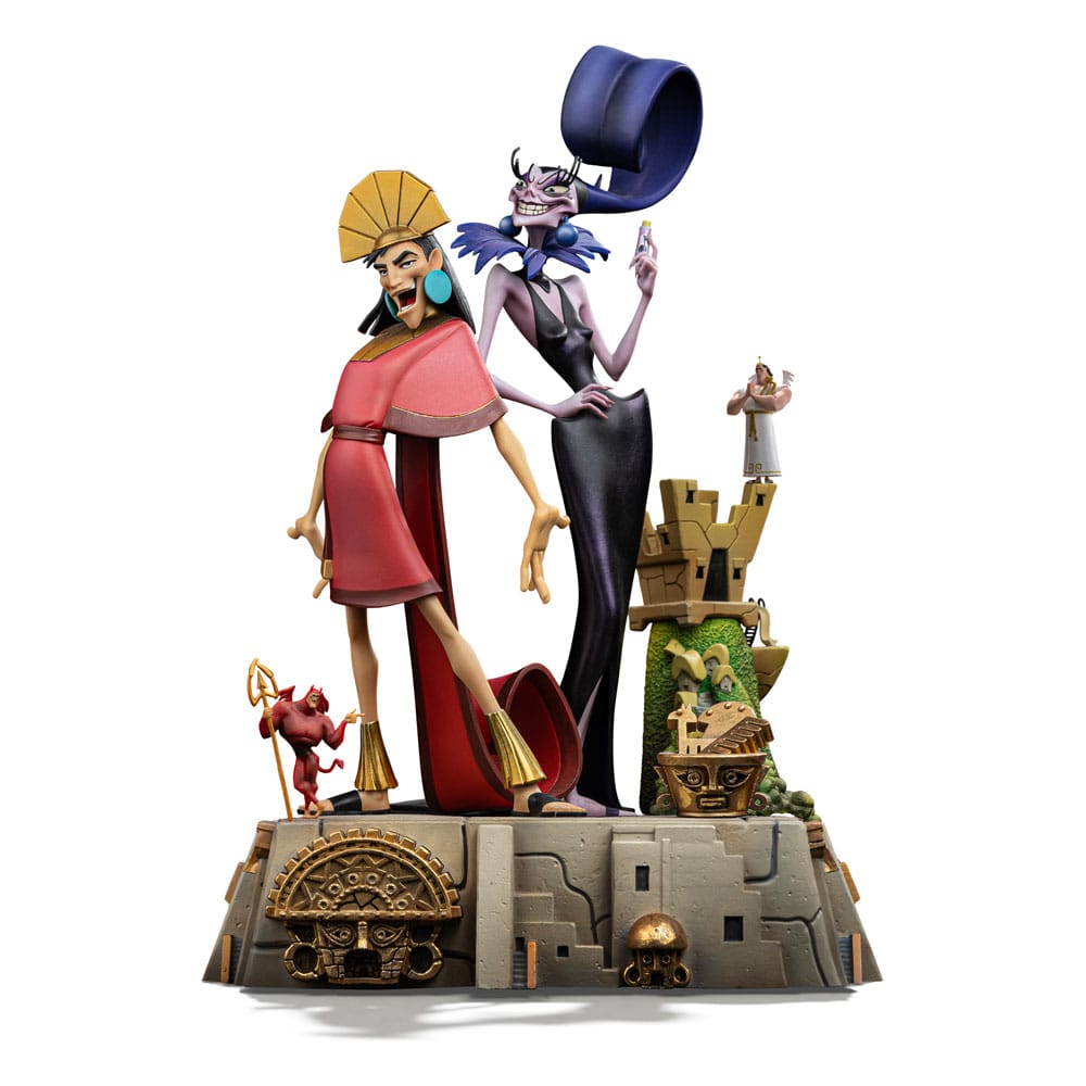 KUZKO & YZMA EL EMPERADOR Y SUS LOCURAS ESTATUA DELUXE ART SCALE 1/10. estatua oficial de resina, de unos 28 cm de altura reúne a Kuzco e Yzma en un único diorama con un aire muy teatral.
