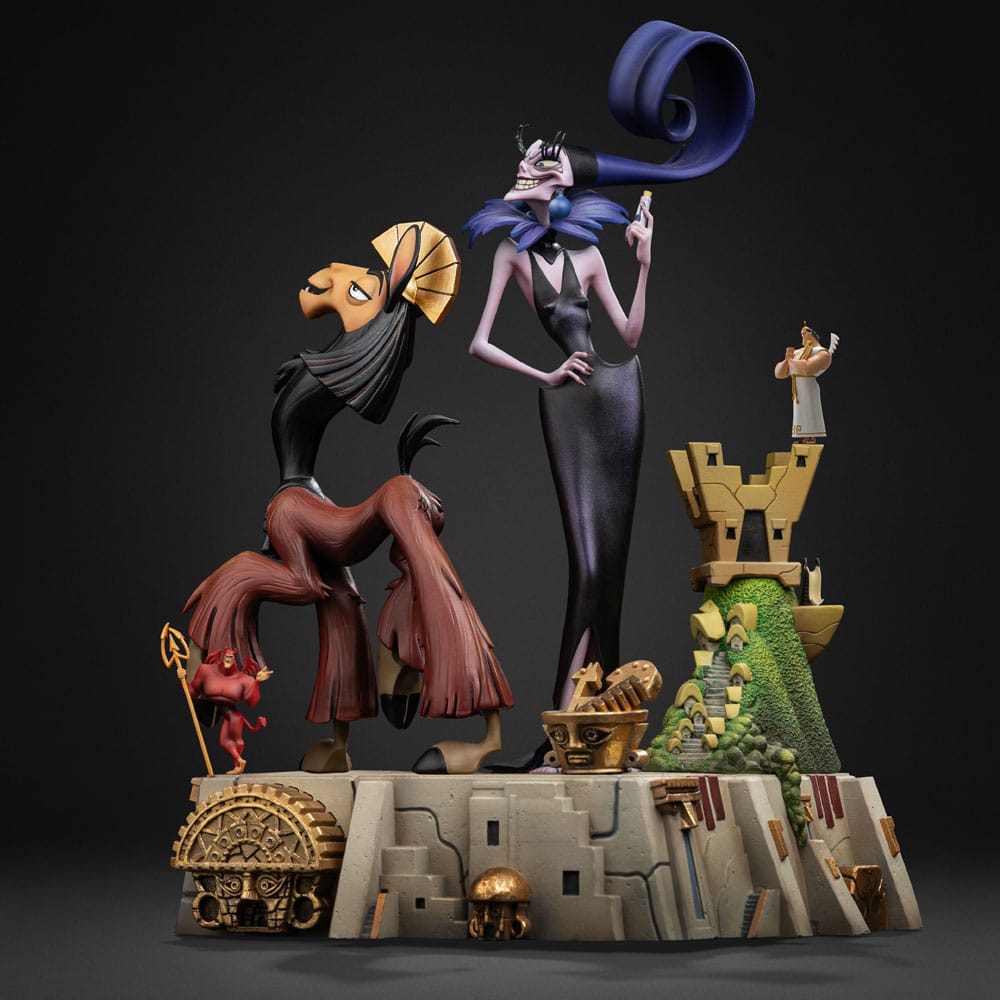 KUZKO & YZMA EL EMPERADOR Y SUS LOCURAS ESTATUA DELUXE ART SCALE 1/10. estatua oficial de resina, de unos 28 cm de altura reúne a Kuzco e Yzma en un único diorama con un aire muy teatral.