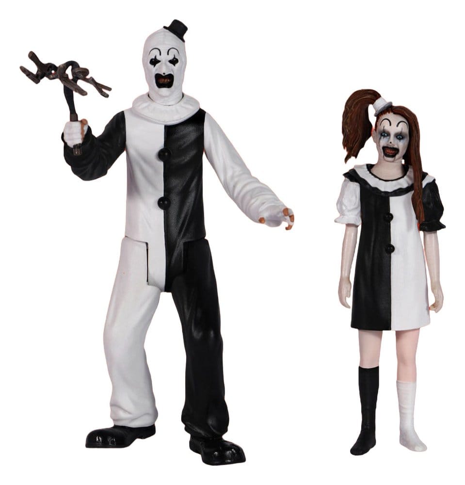 ART THE CLOWN & LITTLE PALE GIRL TERRIFIER 2 5 POINTS SET (2) MEZCO TOYS. figuras articuladas y altamente detalladas de Art el Payaso y a la Niña Pálida.