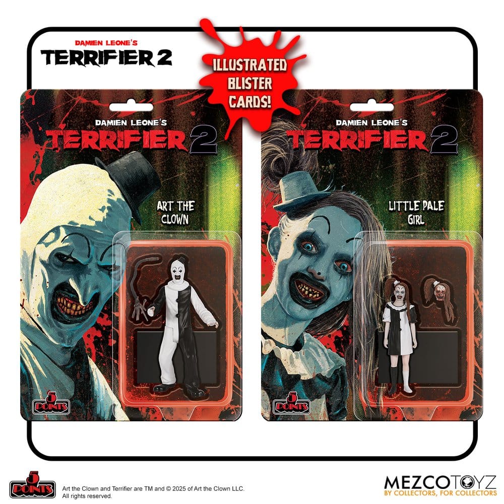 ART THE CLOWN & LITTLE PALE GIRL TERRIFIER 2 5 POINTS SET (2) MEZCO TOYS. figuras articuladas y altamente detalladas de Art el Payaso y a la Niña Pálida.