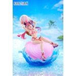 IRONMOUSE VTUBER DRESSTA. Esta figura de PVC de aproximadamente 20 cm representa a Ironmouse con un bikini rosa con volantes adornado con perlas y pequeños corazones, junto con sus características coletas bicolores y cuernos de demonio.