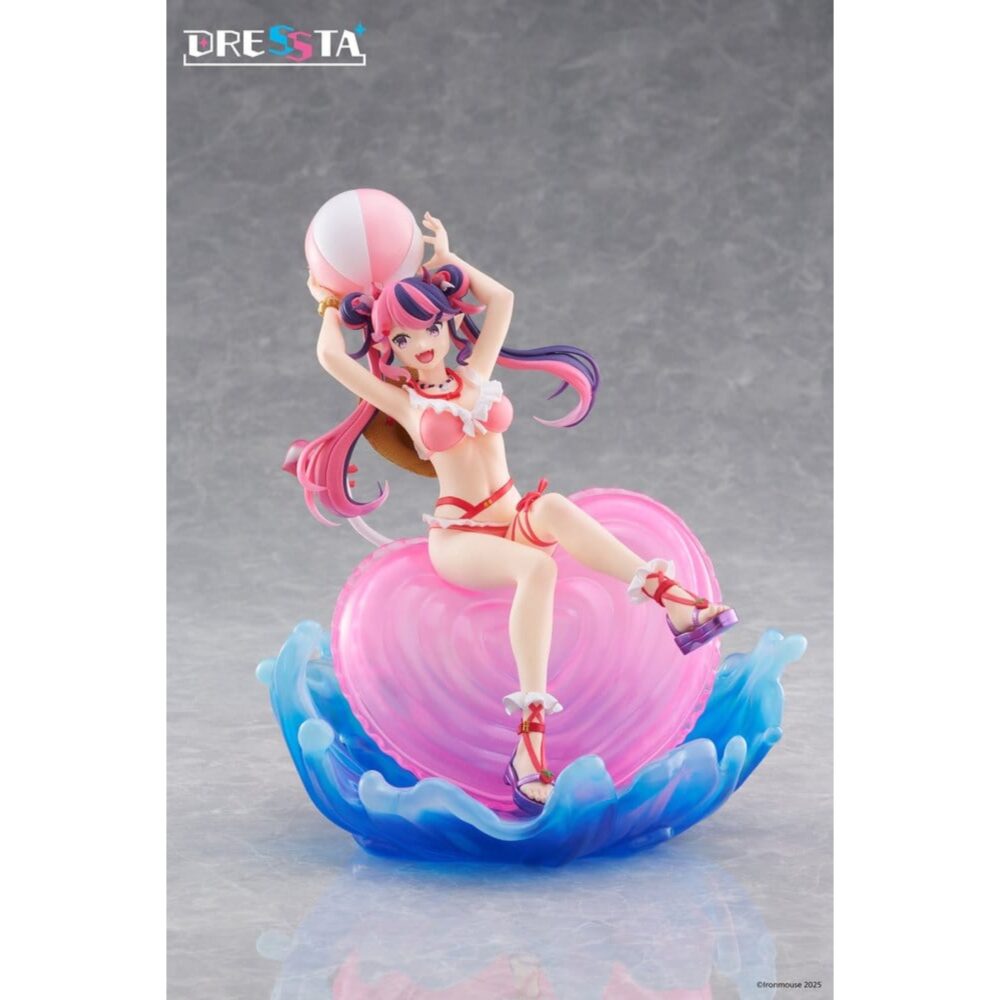 IRONMOUSE VTUBER DRESSTA. Esta figura de PVC de aproximadamente 20 cm representa a Ironmouse con un bikini rosa con volantes adornado con perlas y pequeños corazones, junto con sus características coletas bicolores y cuernos de demonio.